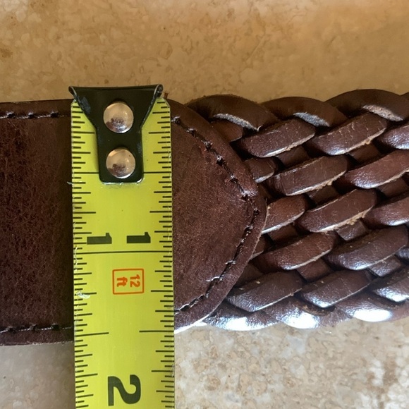 DKNY leather belt, hand-hammered brass monogramed buckle, Brown, woven. P/S EUC main image 11